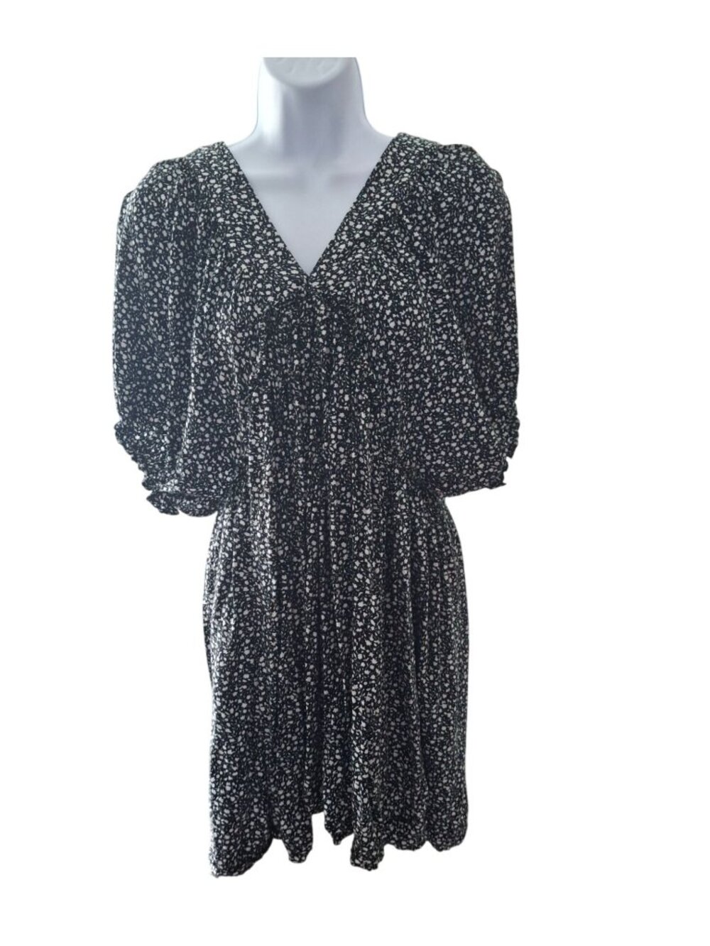Fourteen & 9th Floral Dress S Chico Black White Boho Mini Puff Sleeve